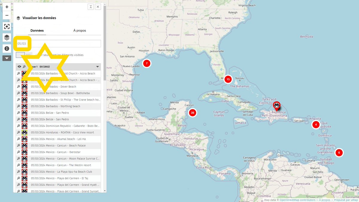 Yesterday, May 3rd, 2024, we added more than 60 red dots (around 130 photos and videos!) indicating #Sargassum arrivals in all the Caribbean.

Consult the map on our website, it is updated to help you, 365 days a year!
sargassummonitoring.com/es/official-ma…

#sargasso #sargazo #sargasses