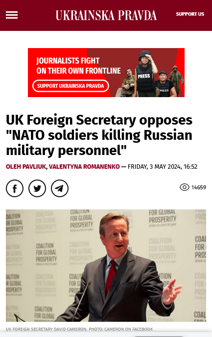 'NATO weapons killing Russian soldiers is 'OK' but not NATO soldiers' - Cameron🤔🧐 What a friggin' hypocrite!! 'Till the LAST Ukrainian..' The Russians should equate WEAPONS/SOLDIERS to the same and start hitting the transit areas. First nearest Uke, as a warning. Wanna play?