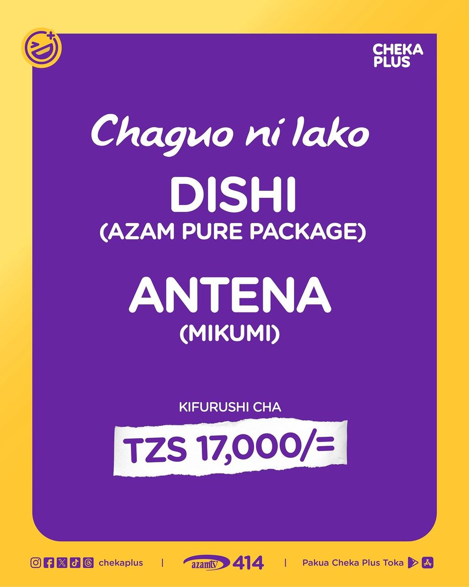 Cheka Plus inapatikana kupitia kisimbusi cha @azamtvtz pekee. Channel namba 414 #FurahaYako