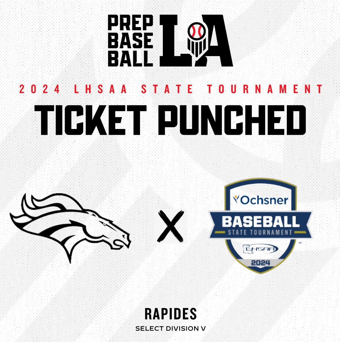 🎟️ 𝐓𝐢𝐜𝐤𝐞𝐭 𝐏𝐮𝐧𝐜𝐡𝐞𝐝 We’ll see the Select Division V #5 seed Rapides in Sulphur, LA next week for the 2024 @LHSAAsports State Tournament! #BeSeen @prepbaseball | @AlexArmandPBR