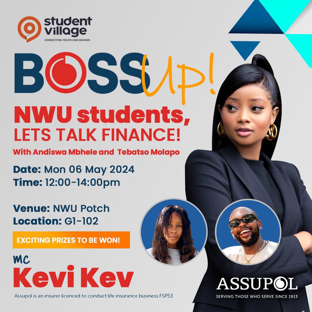 NWU Potch it’s your turn to Boss Up with Assupol… time to get financially smart. Clear your calendar for May the 6th at G1-102. 🫰🏿🫰🏿🫰🏿🫰🏿 #BossUpWithAssupol #BossUpNWUPotch