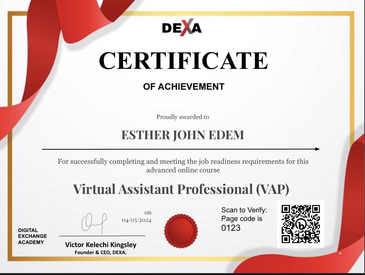 Exciting news! 
I've completed my Virtual Assistance Certificate Course with @Learnwithdexa & earned my certification as a Virtual Assistant Professional! 
Ready to support businesses & entrepreneurs with all admin tasks, SEO blog writing & more! Let's connect & grow together
