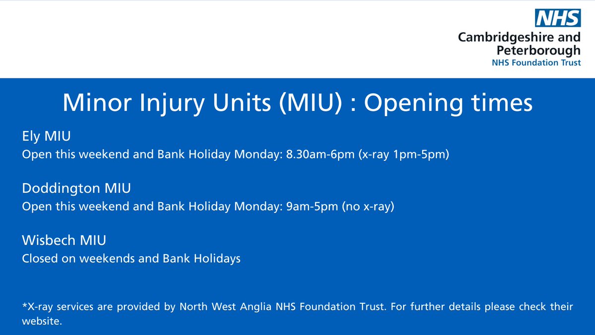 Wishing everyone a happy May Bank Holiday weekend. Hopefully you won't need us, but if you do, think about calling 111 before going to one of our Minor Injury Units. If you do need to go though, check out our opening times below bit.ly/3mzXQJr