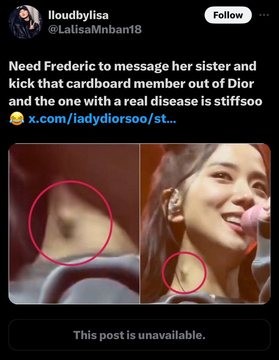 🚨MASS REPORT🚨 These accounts are spreading misinformation about #JISOO’s health. 📌 Report as: • violent speech > glorification of violence • abvse/hrsmnt > targeted hrsmt 🔗: x.com/TheLalisa4 🔗: x.com/LalisaMnban18 REPORT AND BLOCK!