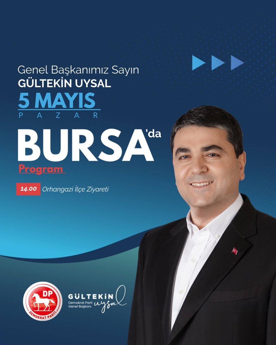 Genel Başkanımız Sayın Gültekin Uysal @DpGultekinUysal 5 Mayıs Pazar Günü Yalova Taşköprü Belediye Başkanlığı ve Bursa Orhangazi İlçesini ziyaret edeceklerdir.