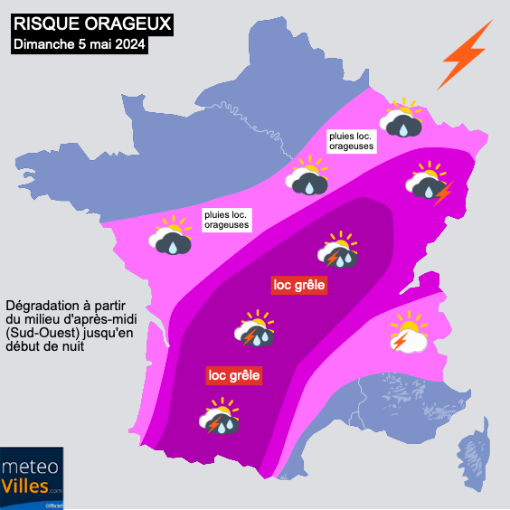 ⛈️ Attention aux #orages à partir de demain après-midi et en soirée, avec une dégradation se mettant en place du Sud-Ouest au Nord-Est. 

Localement, de la #grêle n'est pas exclue sous les + forts orages entre Pyrénées et Bourgogne, en passant par le Massif-Central et le…