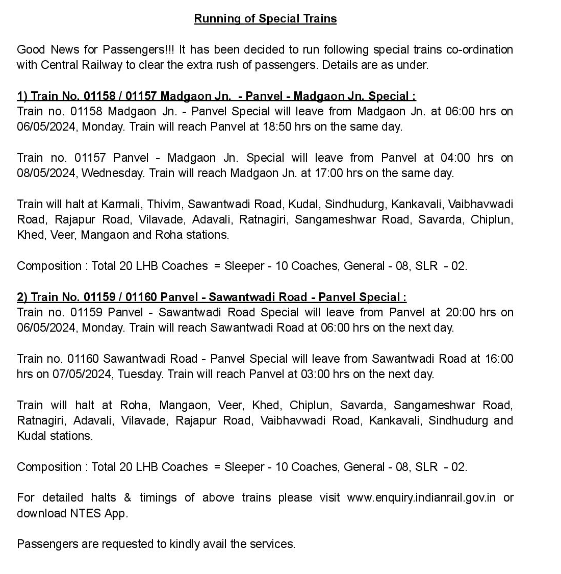 Running of Special Trains. <a href="/RailMinIndia/">Ministry of Railways</a> <a href="/Central_Railway/">Central Railway</a>