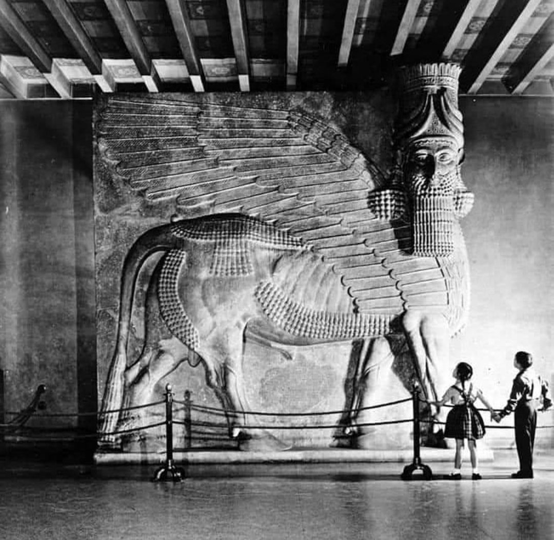 A Lamassu, or “Protective Deity”, from the Palace of Assyrian King Sargon II (r. 722-705 BC). This 16ft high and weighs 40 tons sculpture was excavated during archaeological exploration between 1928-1932, at Dur-Sharrukin (present day Khorsabad, in northern Iraq). At the time,