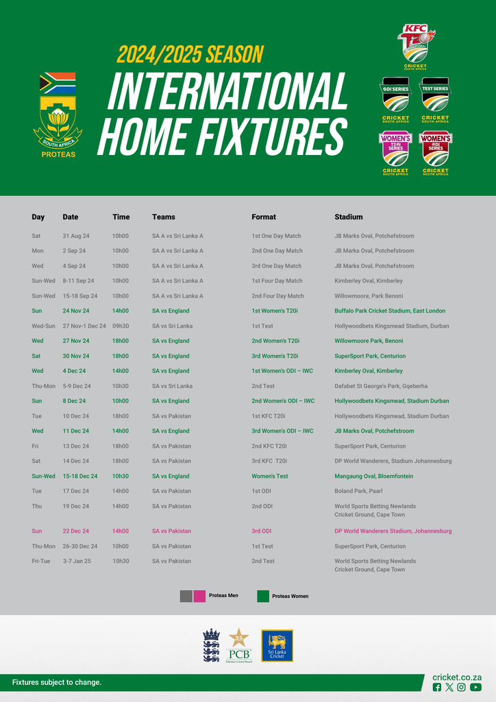 Mark Your Calendar 🗓️🏏🇿🇦

📰 Cricket South Africa (CSA) has today revealed an exciting schedule for the 2024/25 international home season. 

Tickets go on sale on 19 August 2024 🎟️
Read more: shorturl.at/bdeQ1

#WozaNawe #BePartOfIt