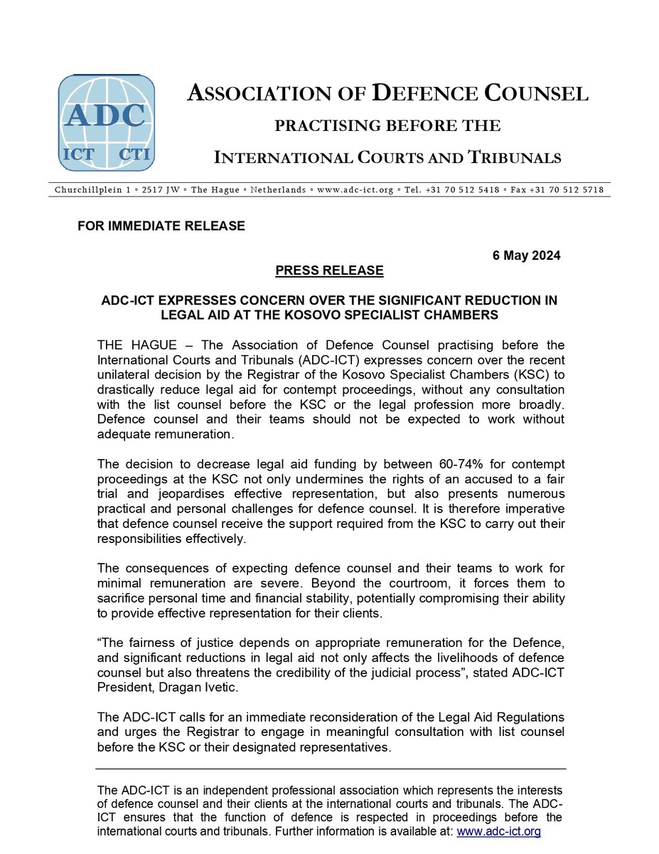 PRESS RELEASE: ADC-ICT Expresses Concern Over the Significant Reduction in Legal Aid at the #Kosovo Specialist Chambers (@SpecialChambers) #LegalAid #FairTrials #KSC