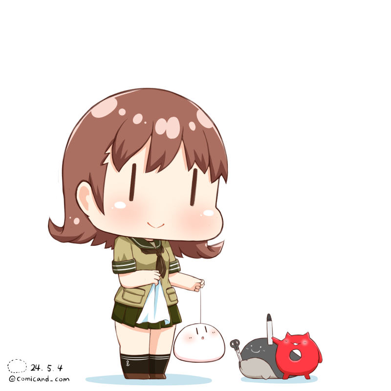 enemy lifebuoy (kancolle) ,ooi (kancolle) 1girl smile simple background skirt brown hair white background standing  illustration images