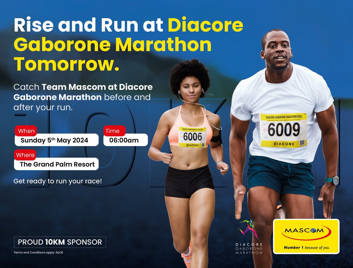 It's almost time! See you at the starting line tomorrow, runners. We are most excited for the 10KM run, which is proudly sponsored by Mascom. #DGM2024 #Mascom10KM #Number1BecauseOfYou