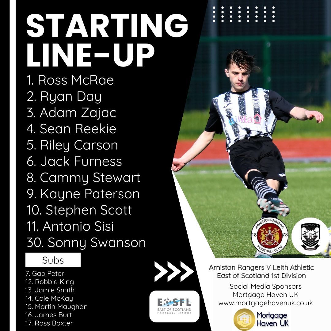 📝 TEAM NEWS 

Our starting line up for today's East of Scotland 1st Division game against Arniston Rangers. 

Countdown to kick off in Gorebridge. 

Team news brought to you by Mortgage Haven UK 🏡 

We Are Leith.