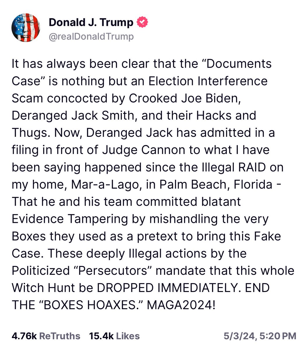 President Trump has a new statement out about “the Documents case” and the raid on Mar a Lago by the FBI. “END THE BOXES HOAXES. MAGA 2024.” —DJT