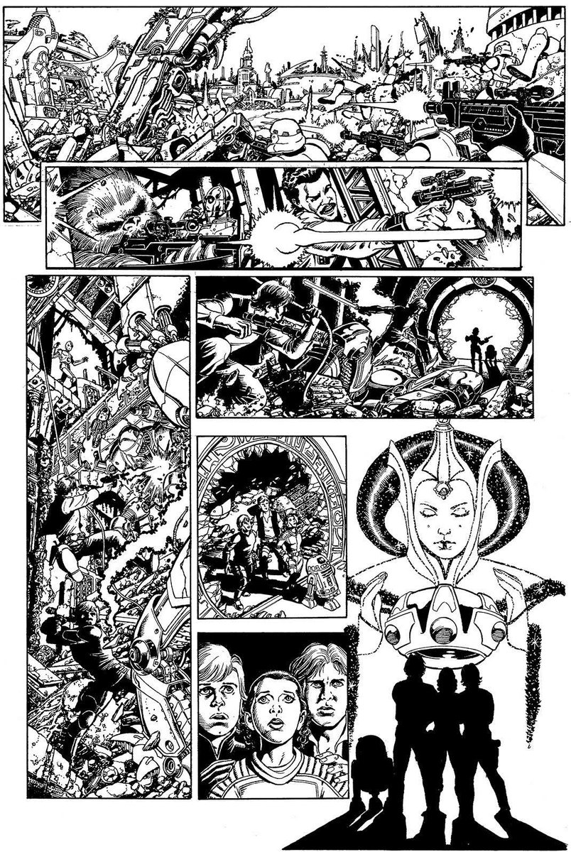 GPz: This is the only comic page I've ever drawn of the STAR WARS characters, and it was especially commissioned by George Lucas for inclusion in a STAR WARS COMICS art book. I was pretty much given free reign to draw whatever I wanted, so I tried to get as much in as I could...