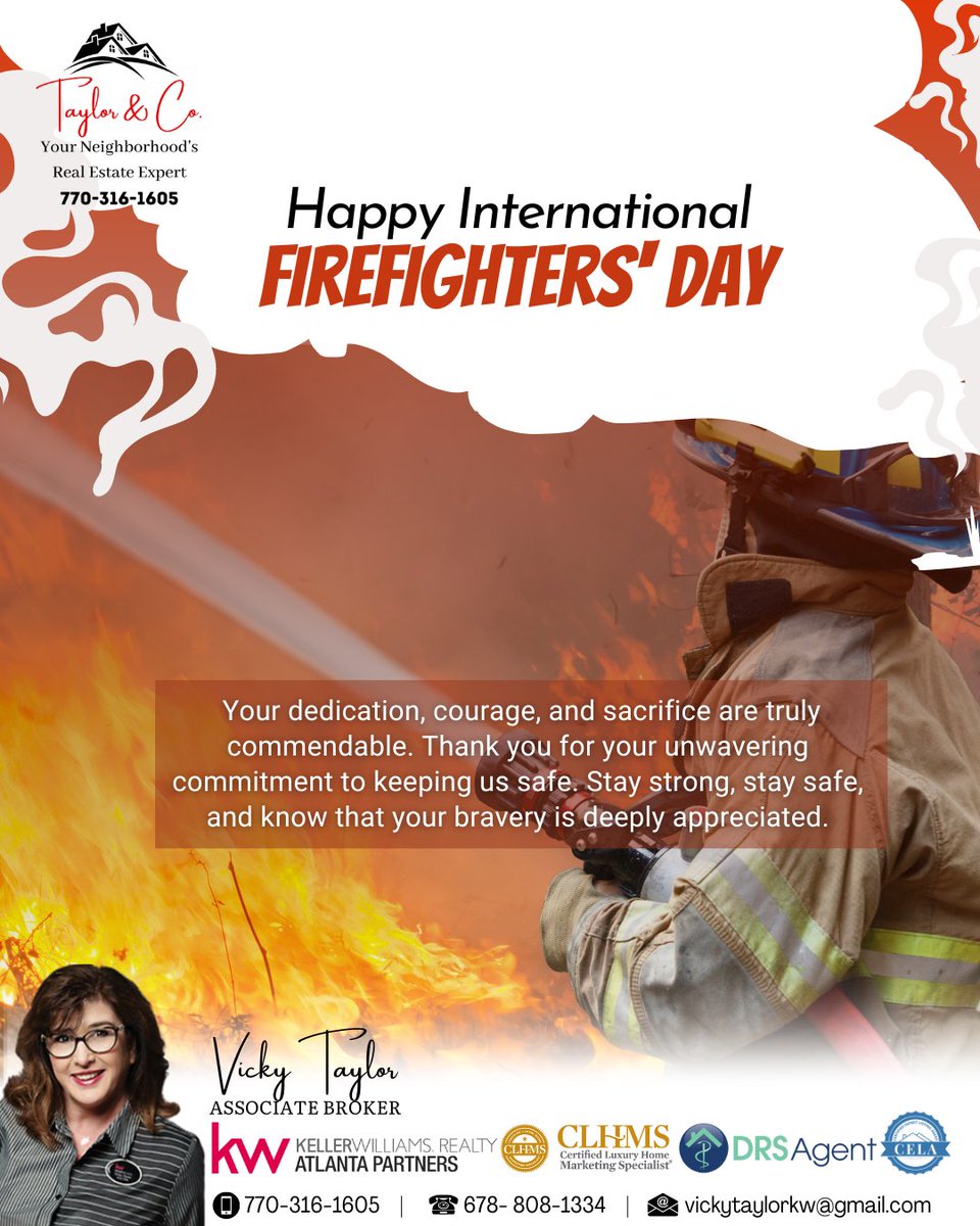 Saluting the brave souls who run towards danger. Happy Firefighters Day! 🔥🚒 
#TaylorAndCoRealty #KellerWilliamsNEATL #LuxurySpecialist #CLHMS #DRSAgent #GARealEstateAgent #FirefightersDay #BraveHeroes #Gratitude #ThankYouFirefighters #CourageUnderFire