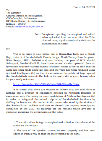 ANI's tweet photo. Gangadhar Kayl, BJP Mondal Sabhapati, Sandeshkhali II writes to CBI Director
The letter reads " I have come across a video uploaded from an unverified YouTube channel namely “Williams” where it can be seen that the same has been made using my face and the voice has been moduled using Artificial Intelligence (AI) so that it can mislead the public at large against the Sandeshkhali incident. It is stated that there are reasons to believe that the said video is nothing but a product of conspiracy hatched by Abhishek Banerjee in association with iPac using the voice modulation of Artificial Intelligence (AI) in order to safeguard the actual culprits of Sandeshkhali incidents by shifting the blame and the burden to the person who stood by the victims of the Sandeshkhali incident and also to disturb the ongoing investigation conducted by the CBI"