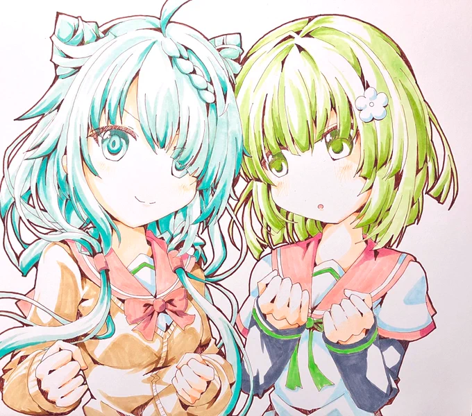 急ぎですが何とかヘルかこ色紙完成しました!何故ヘルカが神浜大付属の制服着てるのかは気にしないで下さい。こちらも明日のプリレコに持ってきます。 