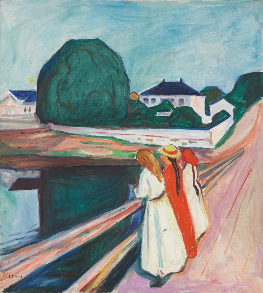 🎨 Edvard Munch 🖼️ Muchachas en el puente Uno de sus temas recurrentes, muchachas juntas, pero sin comunicarse, y un puente como en su conocido Grito.