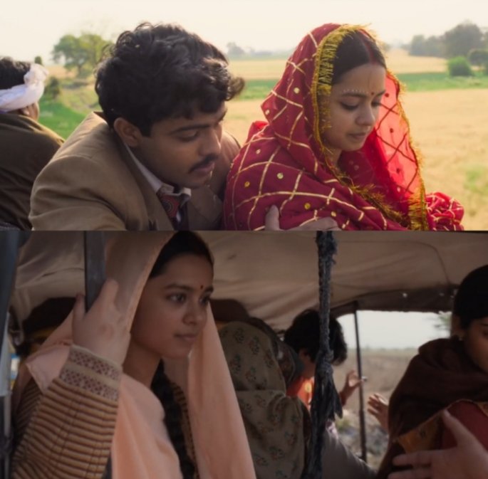 beginning- while sitting on the top of the bus, deepak holds phool as in a caring gesture ensuring she doesn't fall or something. towards end- deepak gives his hand to phool to help her get off the auto. she smilingly declines and gets off herself! (character developement) 6/13