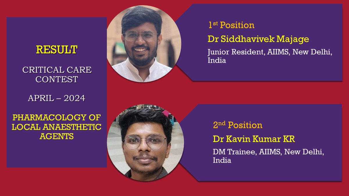 Result, Critical Care Contest, by Go the Extra Mile on Pharmacology of Local Anaesthetics. 
Siddhavivek Majage, and Kavin Kumar KR - Well done. 
That both of you come from AB8, makes me very happy and proud. 
gotheextramile.com