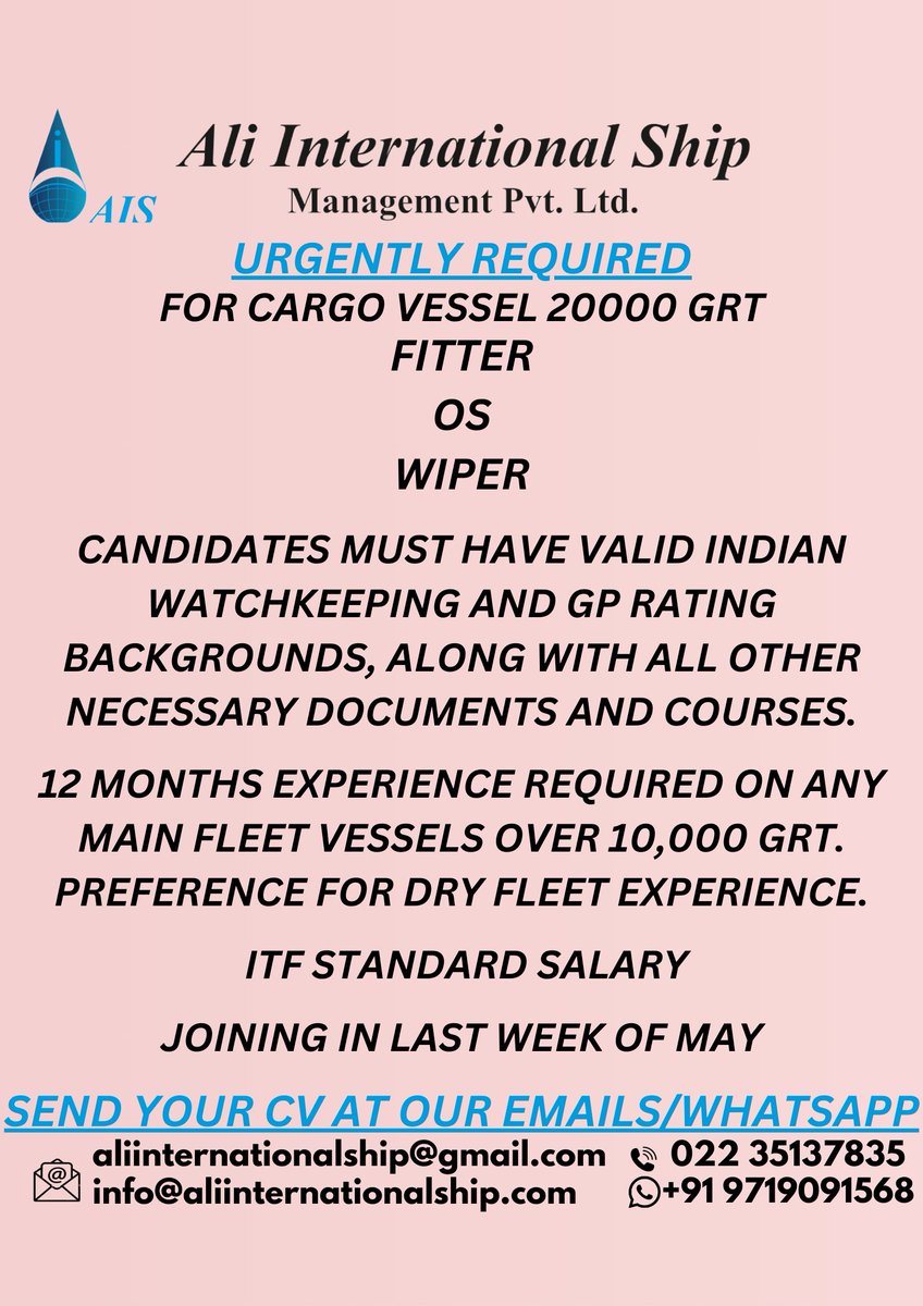 #shipping #aliinternationalship #Seafarers #jobopportunity #tankervessel #oiler #ab #bosun #hiringnow #ShippingWorldwide #Sailorslife #Marine #fresher #dpvessel #offshore #Crew #Ship #Sea #generalsteward #cook #Requirements #opencdcholder #marineopportunity #merchantnavy #marine