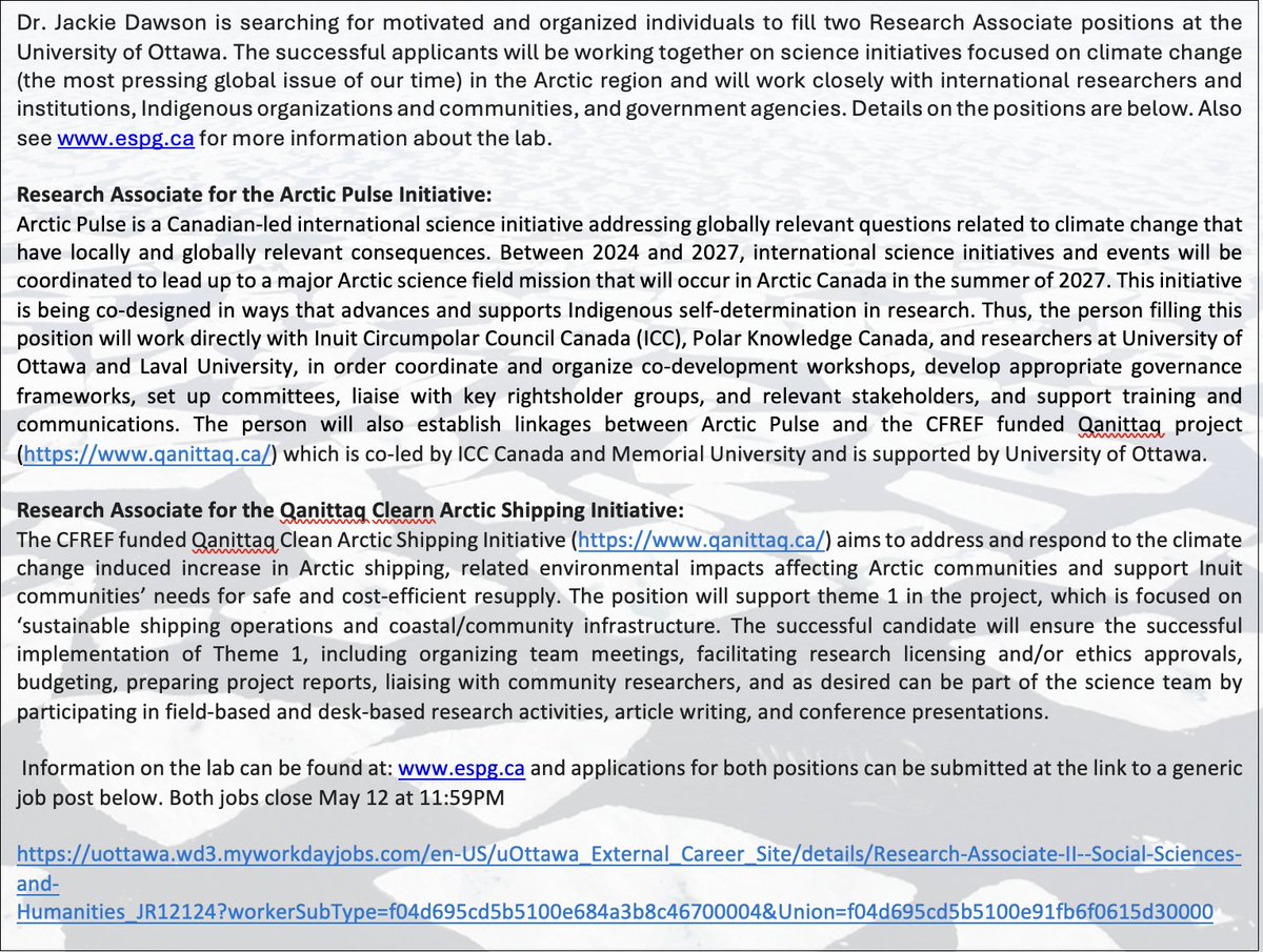 Interested in climate change? the Arctic? Travelling? Come work with my amazing team. Two positions available - apply by May 12 - espg.ca/opportunities/