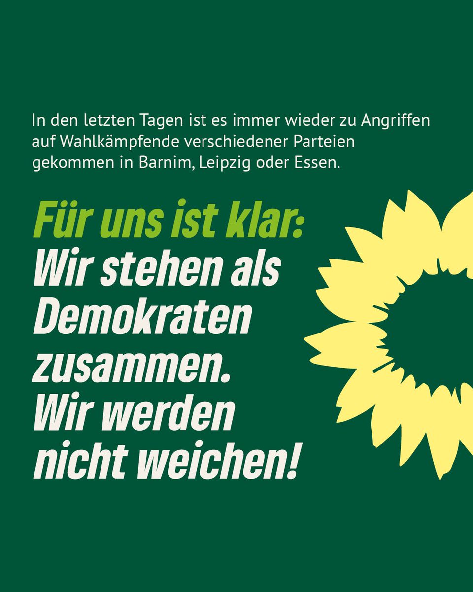 In den letzten Tagen ist es immer wieder zu Angriffen auf Wahlkämpfende gekommen in Barnim, Leipzig oder Essen.

Für uns ist klar: Gewalt im Wahlkampf ist ein Angriff auf die Demokratie und damit auf uns alle. Wir stehen als Demokraten zusammen.