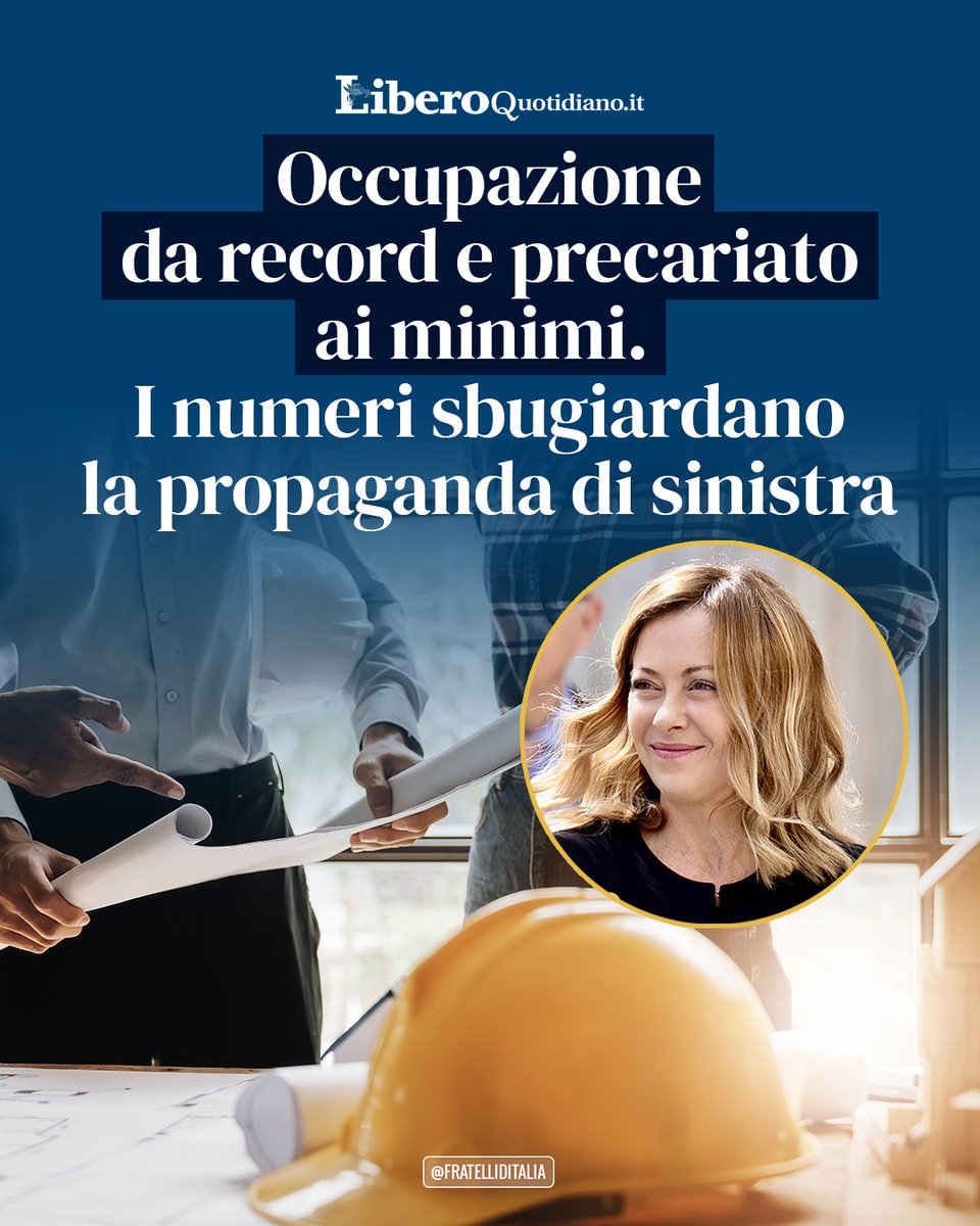 🔵 I dati ISTAT mettono nuovamente a tacere la propaganda della sinistra. 

Il tasso di occupazione continua ad avere un andamento positivo, con una crescita costante delle assunzioni, dei contratti stabili e del lavoro femminile.

Con il #GovernoMeloni, l'Italia torna a correre.