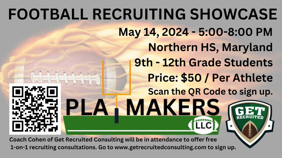 Football Recruiting Showcase - Northern High School in Owings, Maryland - May 14th - 5:00pm to 8:00pm. Don't miss this opportunity to be evaluated by College Coaches. Scan the QR code or click the link to sign up: loom.ly/9qCTg5Y @Coach_Brady @1of1lifeskills #recruit