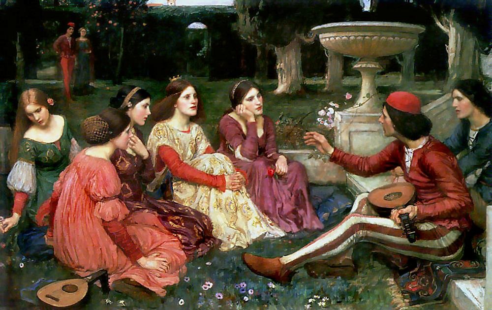 9. A Tale from the Decameron (1916) - This painting is inspired by Giovanni Boccaccio's 'Decameron,' a collection of novellas written during the Black Death. Waterhouse captures a group of young Florentines narrating tales in a lush, secluded garden, creating a vibrant scene of…
