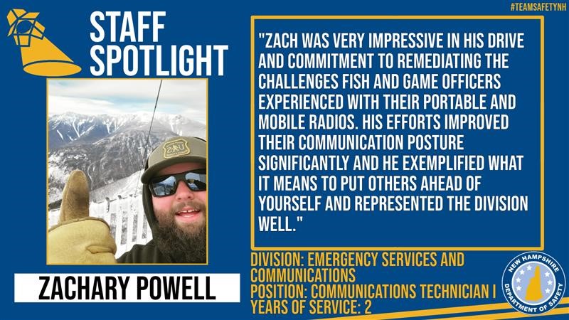 Congratulations to Zach Powell of the #NH911 Radio Communications Bureau for being featured in the @NH_DeptSafety Staff Spotlight for his impressive drive and dedication to his work! #NationalPublicServiceRecognitionWeek #PSRW #GovPossible