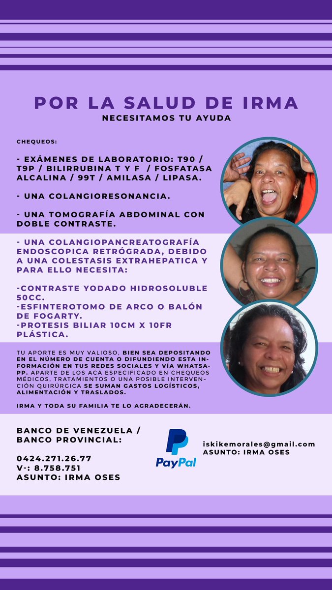 #ServicioPublico mi tía Irma Oses necesita hacerse estos exámenes para poder ser diagnosticada y ser ingresada en un hospital. El costo de los mismos oscila entre $300 y $500 + el tratamiento posterior. Por favor súmate a esta campaña, mi familia te lo agradecerá #RT