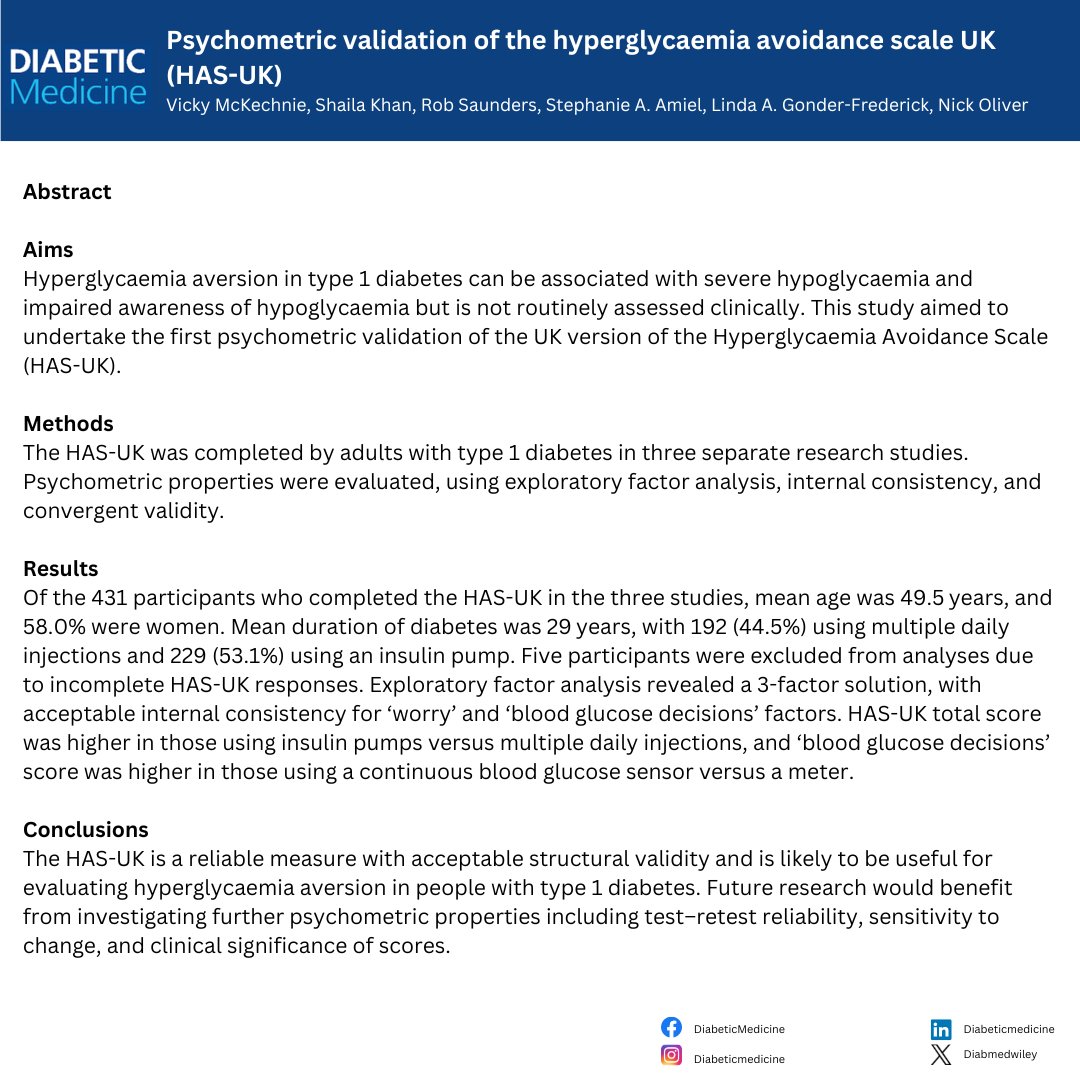 Psychometric validation of the hyperglycaemia avoidance scale UK (HAS-UK) by Vicky McKechnie et al. 🔗doi.org/10.1111/dme.15… #t1diabetes #t1d #hypoglycaemia #research #DiabetesAwareness