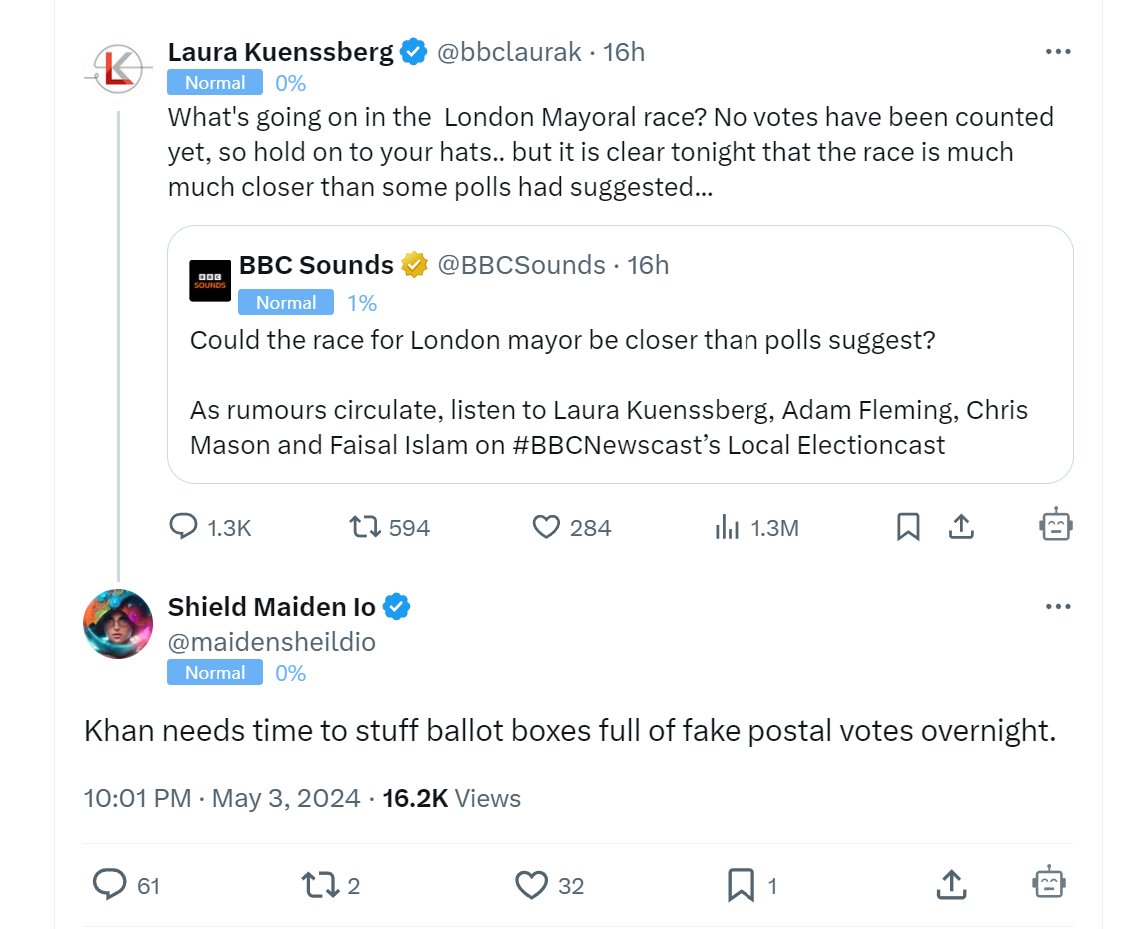 Whether error, bias, or just enthusiasm for a narrative the line 'the race is much much closer' is disinformation parlayed as 'clear' fact and look at the result: now the 'vote rigging' cries have more credence. @BBCNews you need to look at this #LondonMayorElection