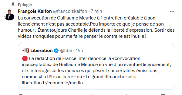 le tartuffe @francoiskalfon qui n'assume pas ses propos sur télé facho alors qu'il a participé avec d'autres à faire pression pour ce qui arrive à @GMeurice twitter.com/achabus/status…