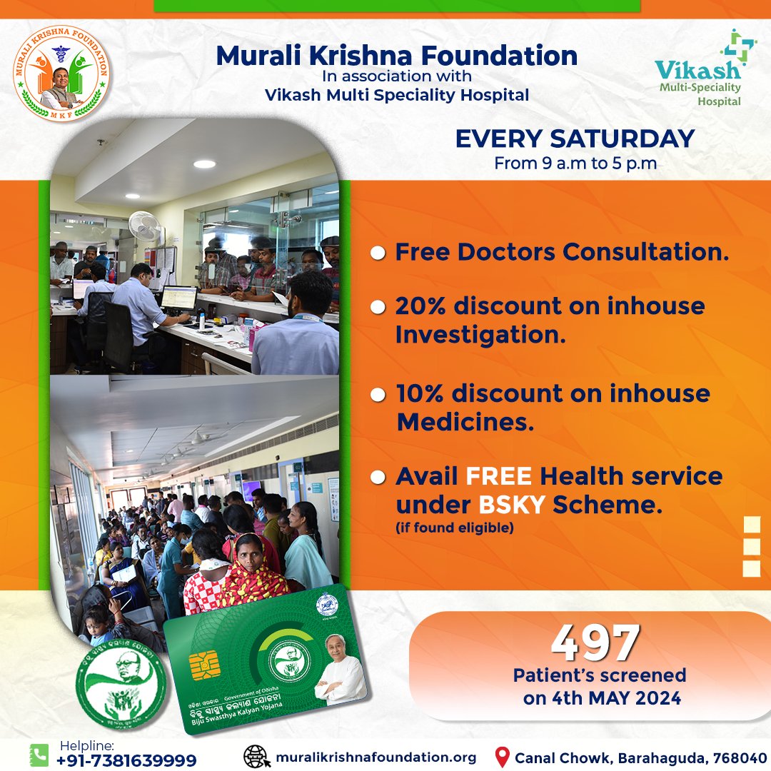 Promoting health and wellness
for all!

Vikash Multi Speciality Hospital's free screenings on 4
th MAY showcased their dedication to making
healthcare accessible to 497patients individuals,
regardless of socioeconomic status.

#muralikrishnafoundation #mkf #dmuralikrishna
#vmsh