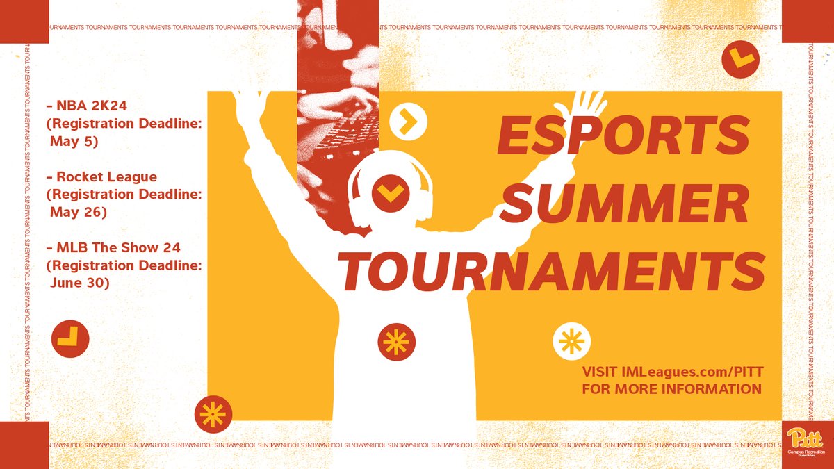 Missing fitness classes over the summer? No worries! Workout your mind with our Esports Summer Tournaments! Register for NBA 2K24 by TOMORROW, Rocket League by May 26, and MLB The Show 24 by June 30. Register at bit.ly/3QqnJcQ #PittNow