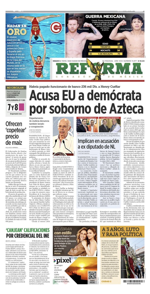 ⚡️NEW— Today’s @Reforma front page with Friday’s astonishing indictment in the US describing how Mexico’s Banco Azteca allegedly manage to bribe US Congressman Henry Cuéllar in exchange for political favors in Washington 👇