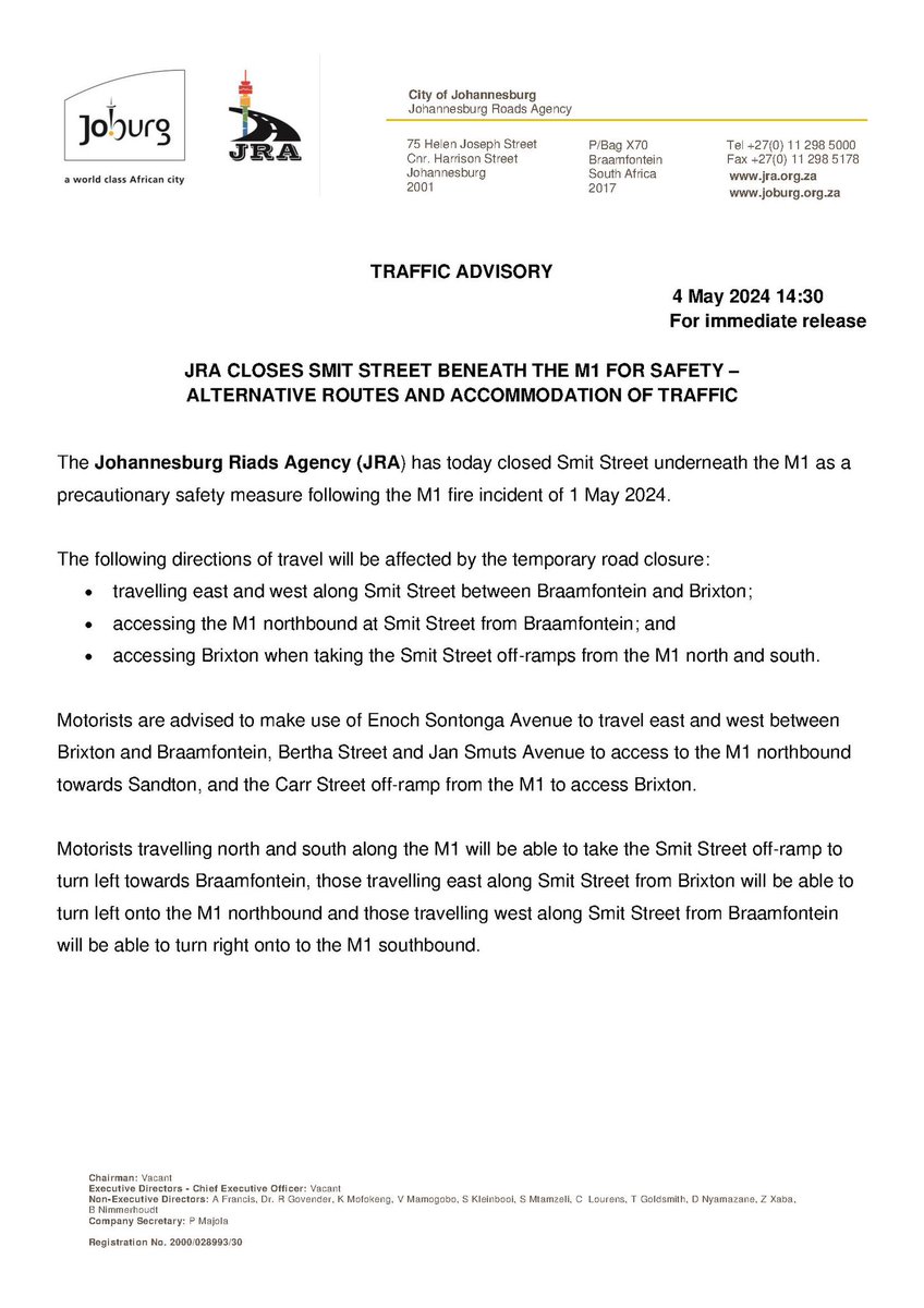 #JoburgUpdates @MyJRA has today closed Smit Street underneath the M1 as a precautionary safety measure following the M1 fire incident of 1 May 2024. #SaferJoburg #JHBTraffic #JoburgRoadSafety ^NB