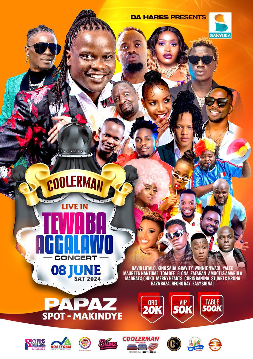 Save the date! June 8th is going to be legendary at Papaz Spot, Makindye. Grab your tickets now: 20K for ordinary, 50K for VIP, and 500K for a table. #TewabaAggalawoConcert #SanyukaUpdates