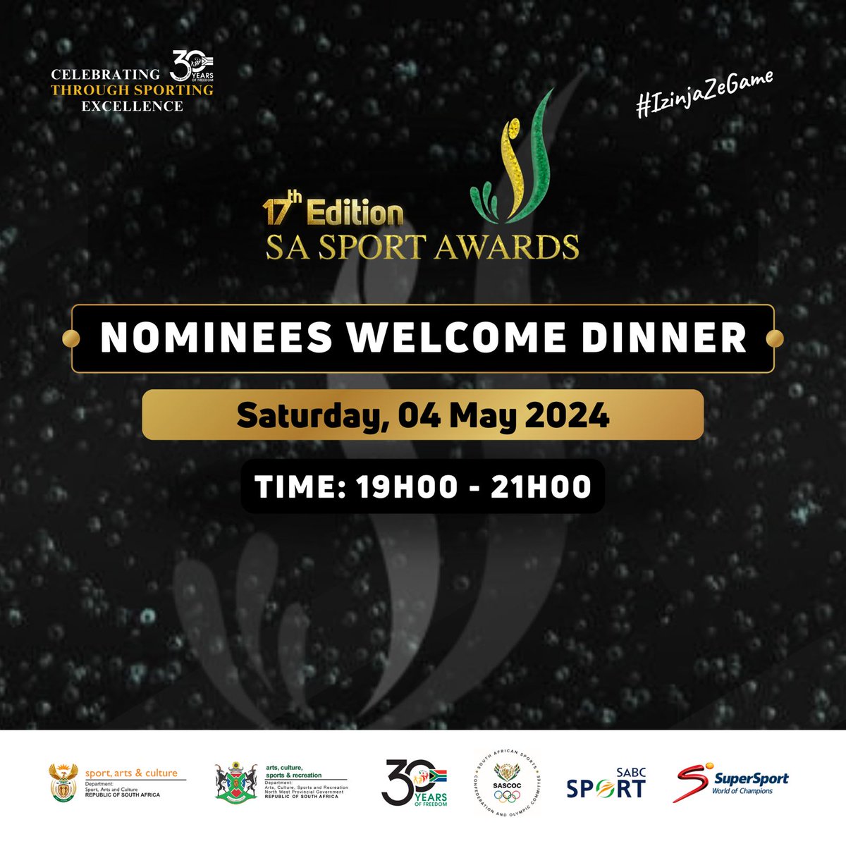 Follow our social media channels for exclusive updates on the Nominees Welcome Dinner, taking place on 04 May 2024 from 19h00-21h00.

We're counting down to the South African Sport Awards! 

#SASA17edition

 #IzinjaZeGame