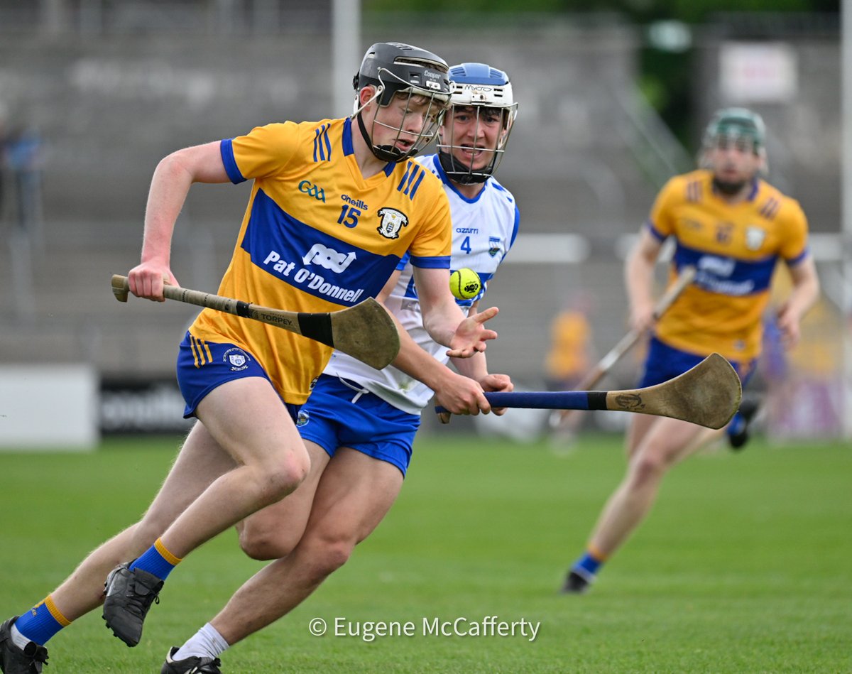 Michael Collins about to add to his tally for Clare ahead of Waterford’s Michael Burke in round 4 of the Munster U20 Hurling Championship, Clare v Waterford. Result @GaaClare 2-27 @WaterfordGAA 1-11. @MunsterGAA. Photograph by @eugemccafferty.