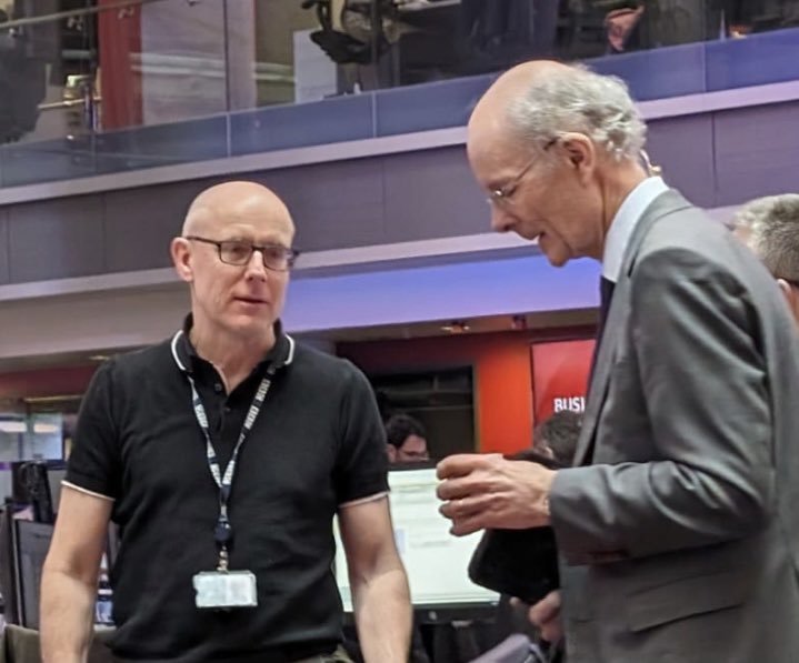 Hero-worship moment. With Professor Sir John Curtice, discussing the content of his piece for the Radio 4 Six O’Clock News. I hadn’t dared ask PSJC for a selfie; luckily someone snapped us.