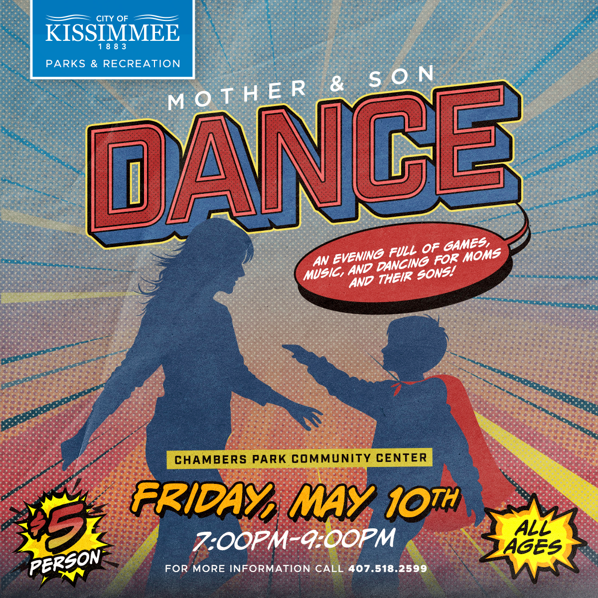 🌟 Make memories together at our Mother & Son Dance event! 🎉 Join us for a fun-filled evening of games, music, and dancing. It's the perfect opportunity to bond and have a blast! 🗓️ May 10 ⏰ 7 pm - 9 pm 📍 Chambers Park Community Center