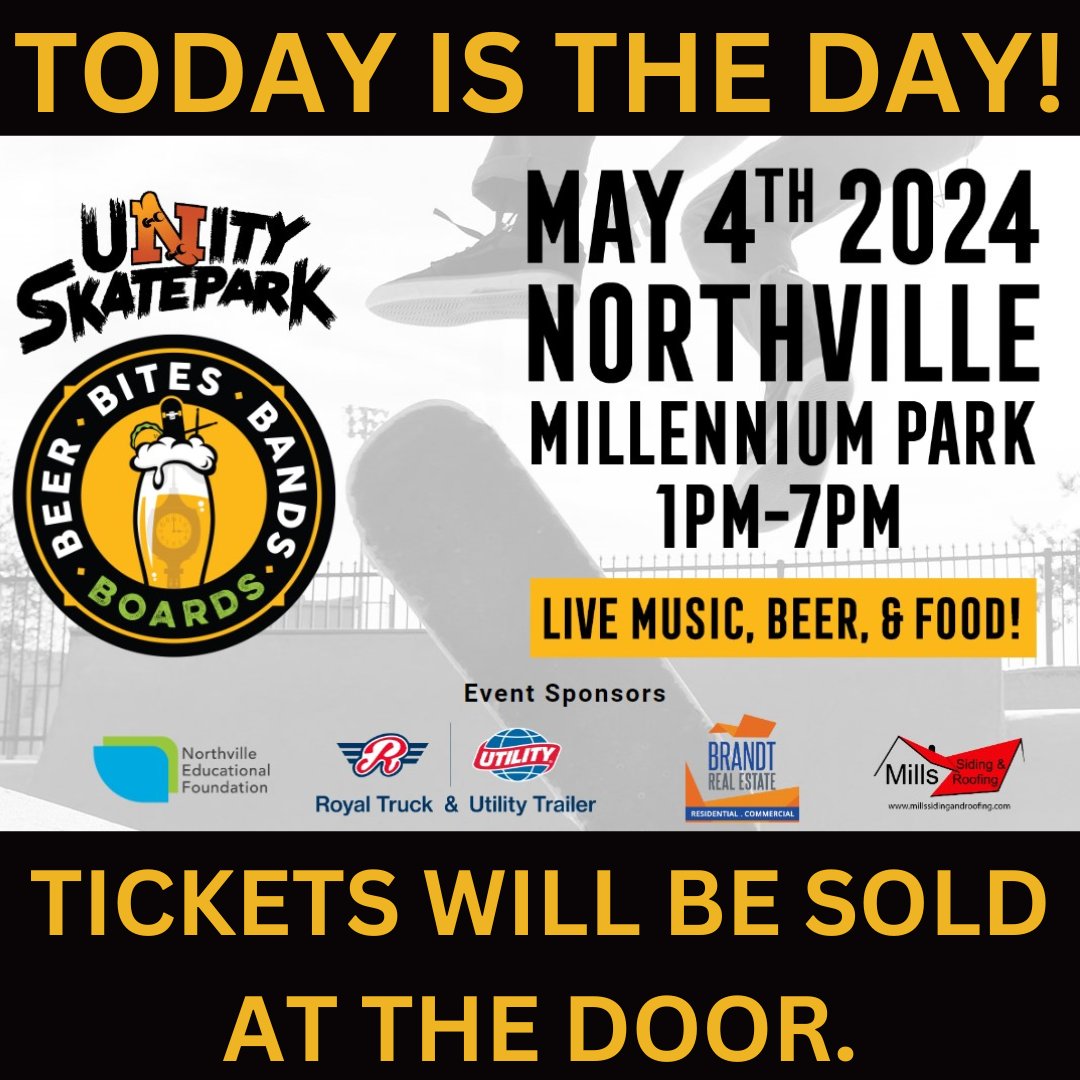 TODAY IS THE DAY! Join Northville Educational Foundation at Unity Skatepark for the Beers, Bites, Bands, & Boards event! eventbrite.com/e/beers-bites-…