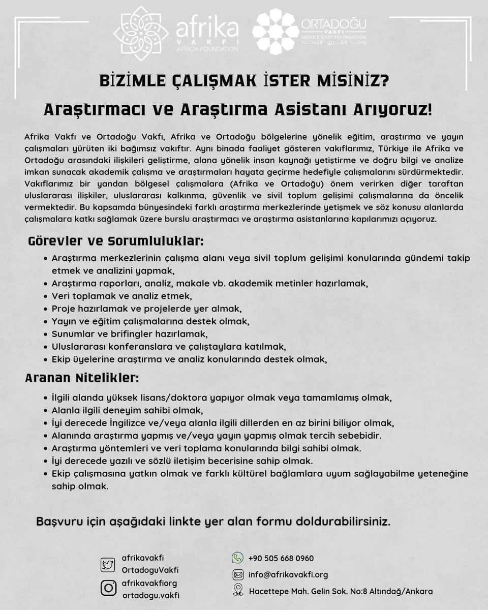 Araştırmacı ve Araştırma Asistanı ilanımız için aşağıda ki link üzerinden başvunuzu gerçekleştirebilirsiniz. fonzip.com/afrikavakfi/fo…