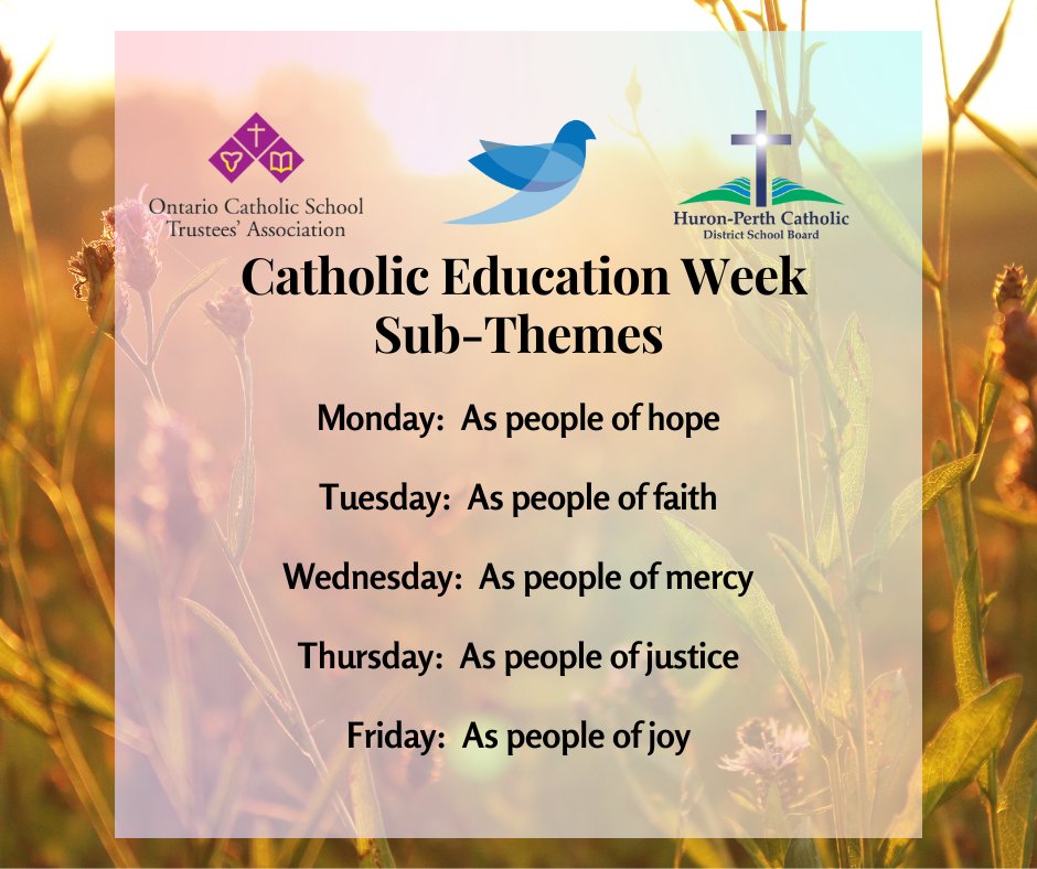 It's #CatholicEducationWeek! Across #HuronPerthCatholic our schools will be following these 5⃣ #CEW sub-themes for teaching and learning programs! @Catholic Education in Ontario @Roman Catholic Diocese of London #Catholic #education #calledtolove @ChrisRoehrig @mhvanloon
