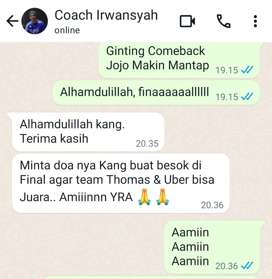 Final Uber Cup Thomas Cup Coach Irwansyah Mohon doa kita semua Agar esok Indonesia JUARA!