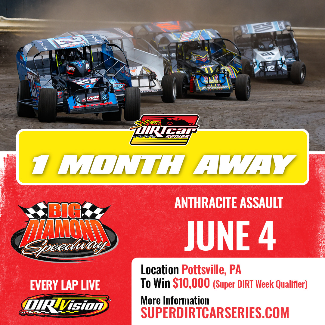 𝟭 𝗠𝗼𝗻𝘁𝗵 𝗔𝘄𝗮𝘆 The Super DIRTcar Series returns to Big Diamond Speedway on Tuesday, June 4 for the Anthracite Assault! The $10,000 to win Feature is the first @SuperDIRTWeek Qualifier of 2024! MORE INFO 👇 superdirtcarseries.com/news/1-month-a…